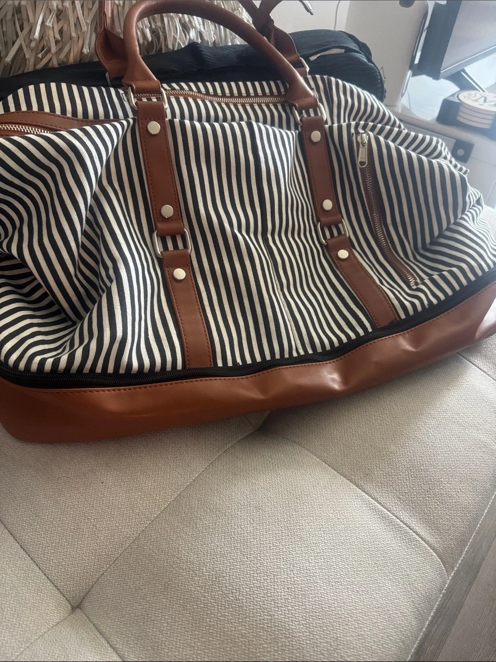 Striped Canvas Travel Weekender Bag with Brown Trim
